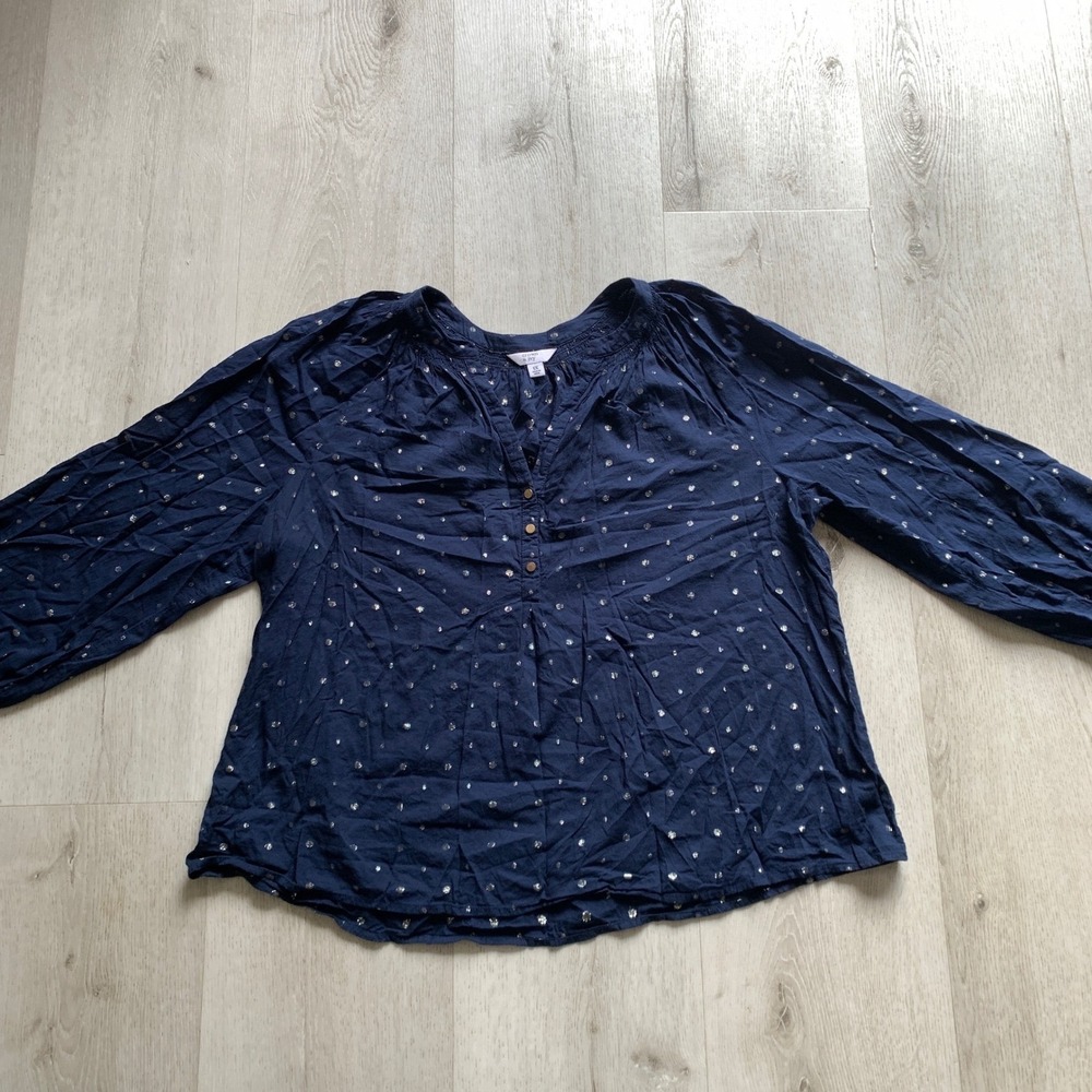 Crown & Ivy Navy Blue White Polka Dot Long Sleeve Blouse Top